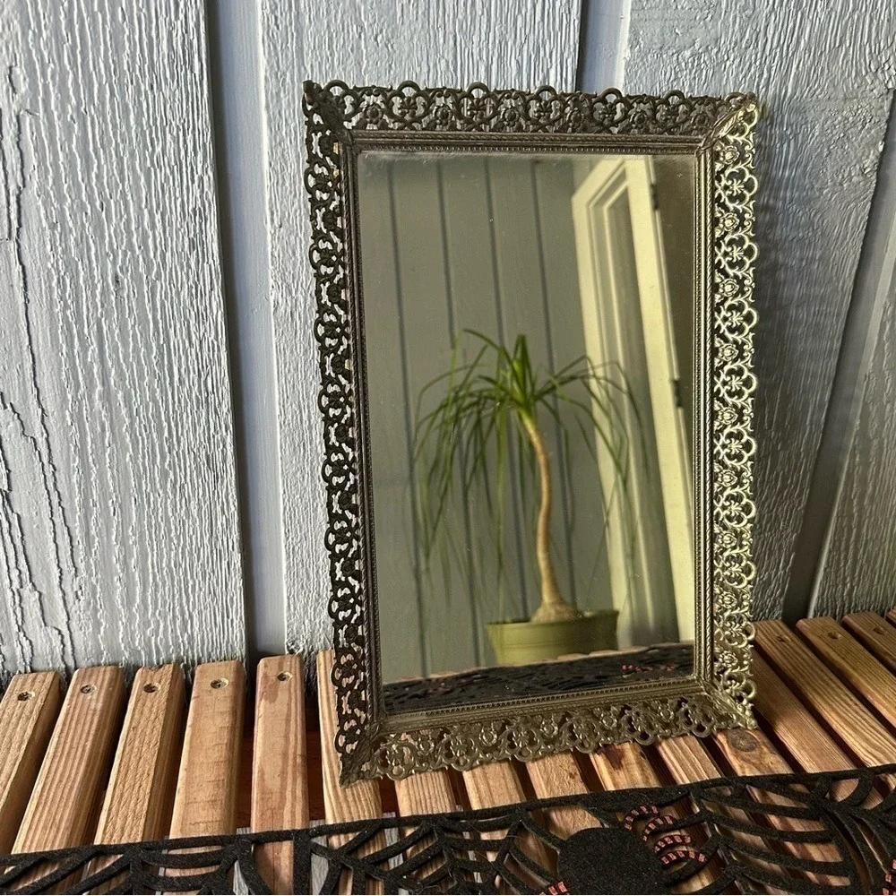 Vintage‎ Glass Vanity Mirror Tray Large Hollywood Regency Brass Mid Century MCM
